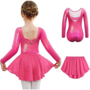 Arshiner Girls Ballet Leotards with Chiffon Dance Skirt Long Sleeve Crisscross Back Toddler Dance Outfit Combo(Hot Pink)