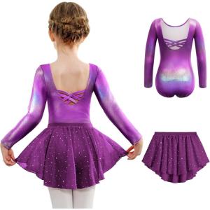 Arshiner Girls Ballet Leotards with Chiffon Dance Skirt Long Sleeve Crisscross Back Toddler Dance Outfit Combo(Sparkly Purple)