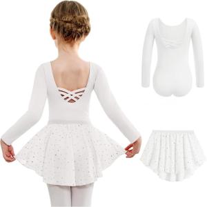 Arshiner Girls Ballet Leotards with Chiffon Dance Skirt Long Sleeve Crisscross Back Toddler Dance Outfit Combo(White)