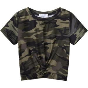 Arshiner Girls Casual Tie Dye Short-Sleeve T-Shirt Cute Print Summer Blouse for Girls Twist Front Tunic Tee Tops(Army Green)
