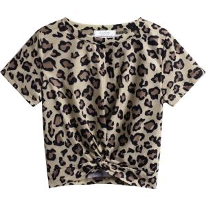 Arshiner Girls Casual Tie Dye Short-Sleeve T-Shirt Cute Print Summer Blouse for Girls Twist Front Tunic Tee Tops(Leopard Print)