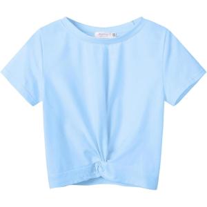 Arshiner Girls Casual Tie Dye Short-Sleeve T-Shirt Cute Print Summer Blouse for Girls Twist Front Tunic Tee Tops(Light Blue)