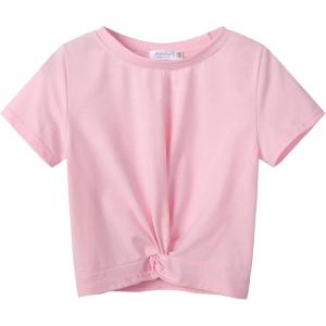 Arshiner Girls Casual Tie Dye Short-Sleeve T-Shirt Cute Print Summer Blouse for Girls Twist Front Tunic Tee Tops(Pink)