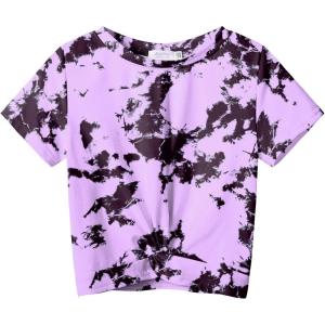 Arshiner Girls Casual Tie Dye Short-Sleeve T-Shirt Cute Print Summer Blouse for Girls Twist Front Tunic Tee Tops(Purple/Black Tie Dye)