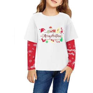 Arshiner Girls Christmas Halloween Long Sleeve Shirts Graphic Stripe Plaid Patchwork Top Tee(Christmas Beige)