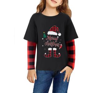 Arshiner Girls Christmas Halloween Long Sleeve Shirts Graphic Stripe Plaid Patchwork Top Tee(Christmas Black Elf)