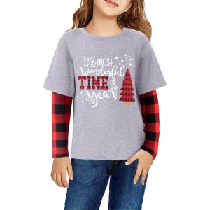 Arshiner Girls Christmas Halloween Long Sleeve Shirts Graphic Stripe Plaid Patchwork Top Tee(Christmas Gray)