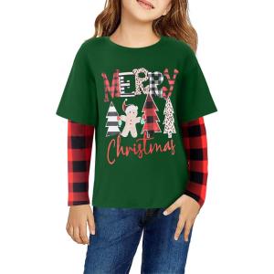 Arshiner Girls Christmas Halloween Long Sleeve Shirts Graphic Stripe Plaid Patchwork Top Tee(Christmas Green)