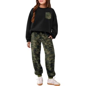 Arshiner Girls Clothes 2 Piece Fashion Fall Outfits Oversize Pullover Sweatshirt and Sweatpant Sweatsuit Sets with Pockets(Black Camouflage)