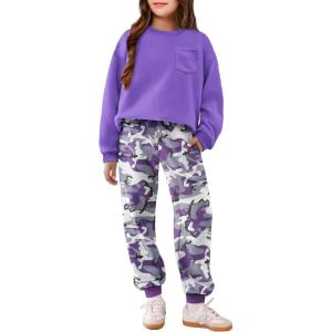 Arshiner Girls Clothes 2 Piece Fashion Fall Outfits Oversize Pullover Sweatshirt and Sweatpant Sweatsuit Sets with Pockets(Purple Camouflage)