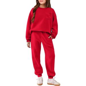Arshiner Girls Clothes 2 Piece Fashion Fall Outfits Oversize Pullover Sweatshirt and Sweatpant Sweatsuit Sets with Pockets(Red)