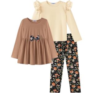 Arshiner Girls Clothes 3 Piece Set Ruffle Shirt Long Sleeve Bowknot Top and Floral Leggings Sets for 2-10 Years(Beige light Brown)