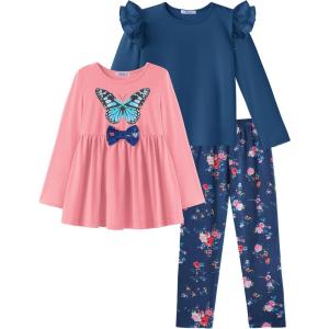 Arshiner Girls Clothes 3 Piece Set Ruffle Shirt Long Sleeve Bowknot Top and Floral Leggings Sets for 2-10 Years(Deep Pink navy)