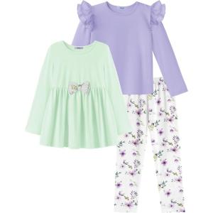 Arshiner Girls Clothes 3 Piece Set Ruffle Shirt Long Sleeve Bowknot Top and Floral Leggings Sets for 2-10 Years(Light Green lilac)