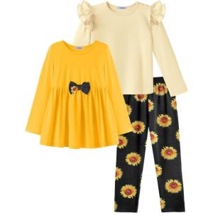 Arshiner Girls Clothes 3 Piece Set Ruffle Shirt Long Sleeve Bowknot Top and Floral Leggings Sets for 2-10 Years(Yellow beige)