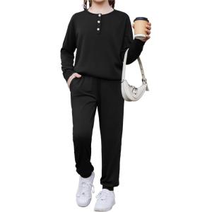 Arshiner Girls Clothes Crew Neck Long Sleeve Tops and Pants Set with Pockets Fall Outfits 5-13 Years(Black)