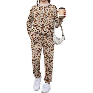 Arshiner Girls Clothes Crew Neck Long Sleeve Tops and Pants Set with Pockets Fall Outfits 5-13 Years(Leopard)