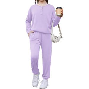Arshiner Girls Clothes Crew Neck Long Sleeve Tops and Pants Set with Pockets Fall Outfits 5-13 Years(Lilac)