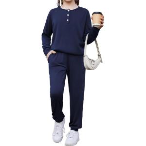 Arshiner Girls Clothes Crew Neck Long Sleeve Tops and Pants Set with Pockets Fall Outfits 5-13 Years(Navy)