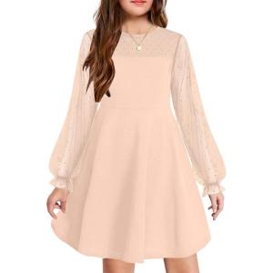 Arshiner Girl’s Contrast Mesh Puff Long Sleeve High Waist A Line Short Dress with Pockets for 6-13 Years(Apricot)