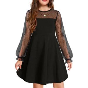 Arshiner Girl’s Contrast Mesh Puff Long Sleeve High Waist A Line Short Dress with Pockets for 6-13 Years(Black)