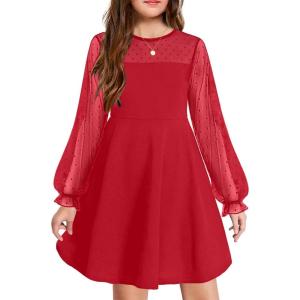 Arshiner Girl’s Contrast Mesh Puff Long Sleeve High Waist A Line Short Dress with Pockets for 6-13 Years(Bright Red)