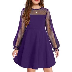 Arshiner Girl’s Contrast Mesh Puff Long Sleeve High Waist A Line Short Dress with Pockets for 6-13 Years(Dark Purple)