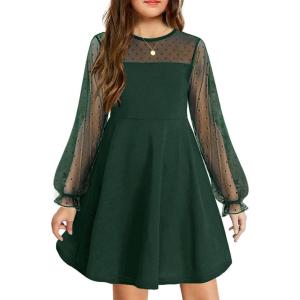 Arshiner Girl’s Contrast Mesh Puff Long Sleeve High Waist A Line Short Dress with Pockets for 6-13 Years(Green)