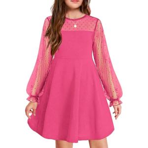 Arshiner Girl’s Contrast Mesh Puff Long Sleeve High Waist A Line Short Dress with Pockets for 6-13 Years(Hot Pink)