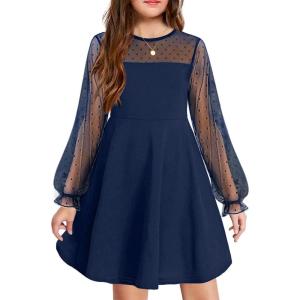 Arshiner Girl’s Contrast Mesh Puff Long Sleeve High Waist A Line Short Dress with Pockets for 6-13 Years(Navy Blue)