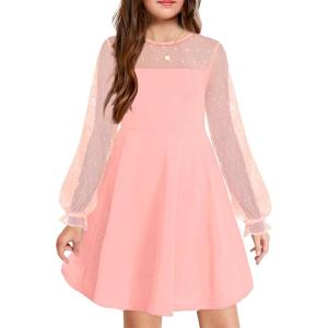 Arshiner Girl’s Contrast Mesh Puff Long Sleeve High Waist A Line Short Dress with Pockets for 6-13 Years(Pink)