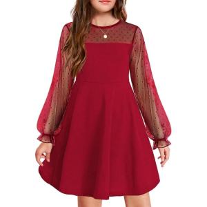 Arshiner Girl’s Contrast Mesh Puff Long Sleeve High Waist A Line Short Dress with Pockets for 6-13 Years(Red)