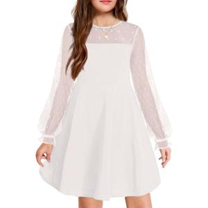 Arshiner Girl’s Contrast Mesh Puff Long Sleeve High Waist A Line Short Dress with Pockets for 6-13 Years(White)