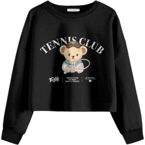 Arshiner Girls Crop Tops Kids Long Sleeve Pullover Sweatshirts Girls Cropped Crewneck Sweatshirt for 5-14 Years Teen Girl(Black Teddy)