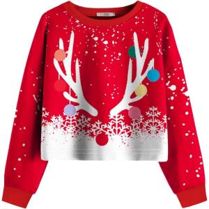 Arshiner Girls Crop Tops Kids Long Sleeve Pullover Sweatshirts Girls Cropped Crewneck Sweatshirt for 5-14 Years Teen Girl(Christmas Antlers)