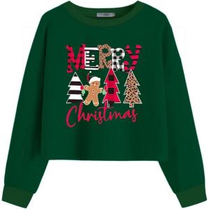 Arshiner Girls Crop Tops Kids Long Sleeve Pullover Sweatshirts Girls Cropped Crewneck Sweatshirt for 5-14 Years Teen Girl(Christmas Tree)