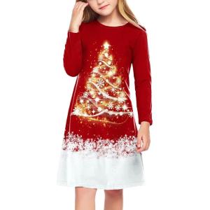 Arshiner Girls Dress Kids Long Sleeve Solid Color Casual T-Shirt Dress(Christmas Tree Red)