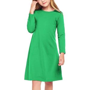 Arshiner Girls Dress Kids Long Sleeve Solid Color Casual T-Shirt Dress(Green)