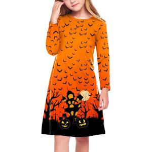 Arshiner Girls Dress Kids Long Sleeve Solid Color Casual T-Shirt Dress(Halloween Orange)
