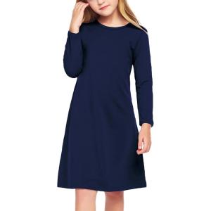 Arshiner Girls Dress Kids Long Sleeve Solid Color Casual T-Shirt Dress(Navy Blue)