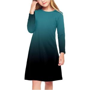 Arshiner Girls Dress Kids Long Sleeve Solid Color Casual T-Shirt Dress(Navy Blue Gradient)