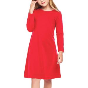 Arshiner Girls Dress Kids Long Sleeve Solid Color Casual T-Shirt Dress(Red)