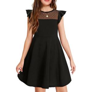 Arshiner Girls Dress Summer Ruffle Sleeve Mesh A Line Casual Party Dresses with Pockets(Black)