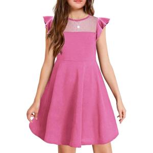 Arshiner Girls Dress Summer Ruffle Sleeve Mesh A Line Casual Party Dresses with Pockets(Hot Pink)