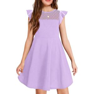 Arshiner Girls Dress Summer Ruffle Sleeve Mesh A Line Casual Party Dresses with Pockets(Lavender)