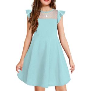 Arshiner Girls Dress Summer Ruffle Sleeve Mesh A Line Casual Party Dresses with Pockets(Light Blue)