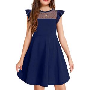 Arshiner Girls Dress Summer Ruffle Sleeve Mesh A Line Casual Party Dresses with Pockets(Navy Blue)