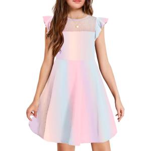 Arshiner Girls Dress Summer Ruffle Sleeve Mesh A Line Casual Party Dresses with Pockets(Rainbow Pink)