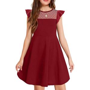 Arshiner Girls Dress Summer Ruffle Sleeve Mesh A Line Casual Party Dresses with Pockets(Red)