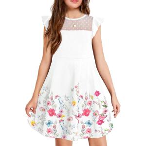 Arshiner Girls Dress Summer Ruffle Sleeve Mesh A Line Casual Party Dresses with Pockets(White Floral)